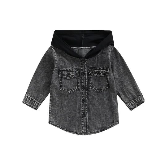 Hooded Denim Button Up Shirt - Black