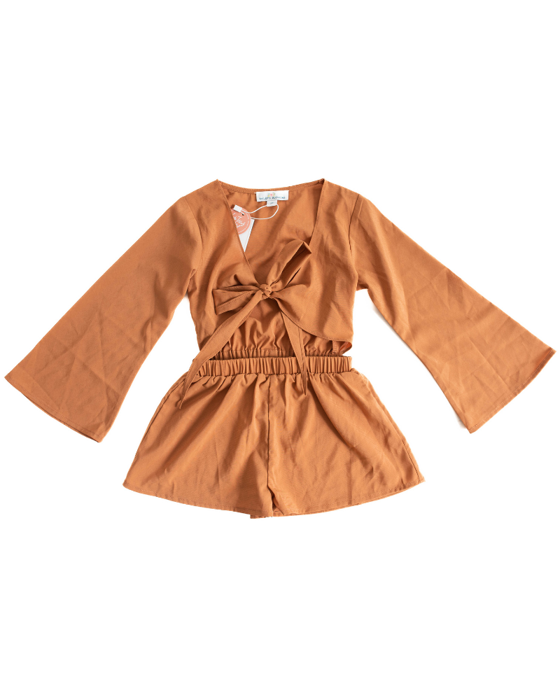 Avril Tie Front Bell Sleeve Romper - Sunrise Orange